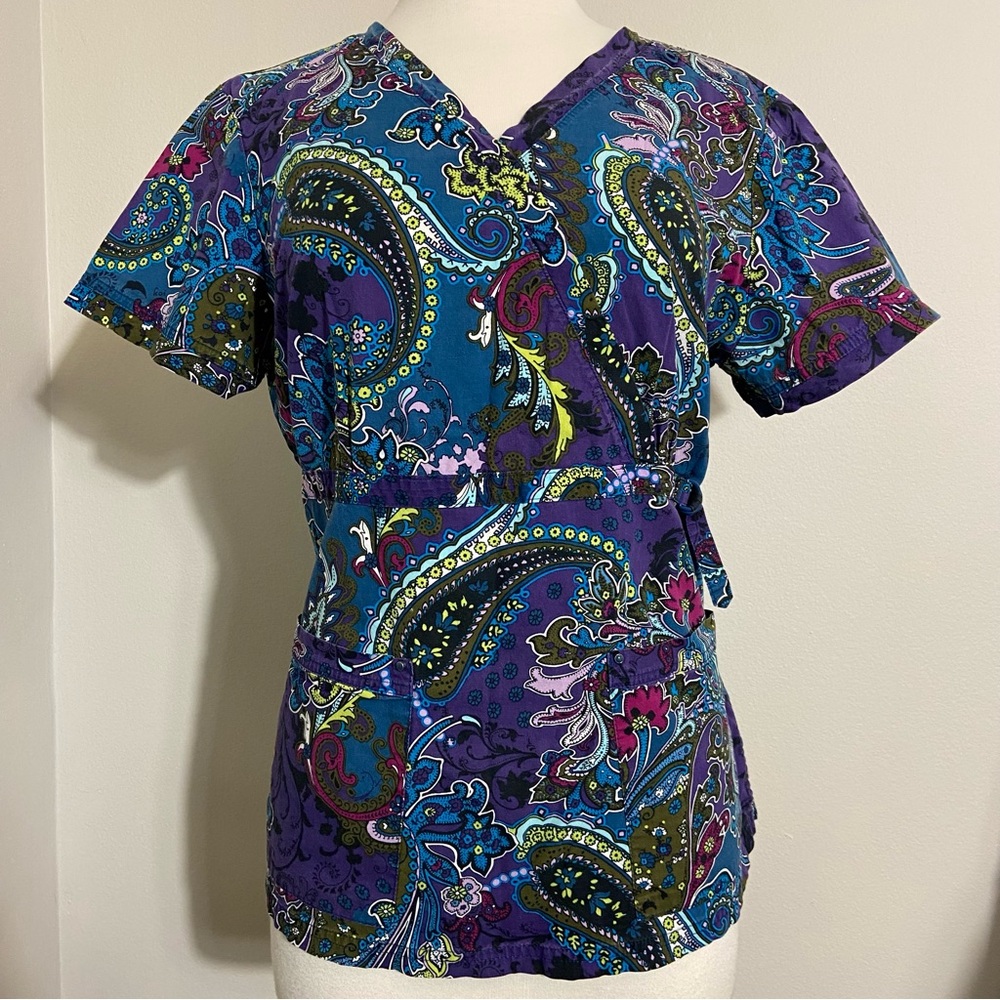 koi Purple Paisley V-Neck Scrub Top with Teal and Olive Accents